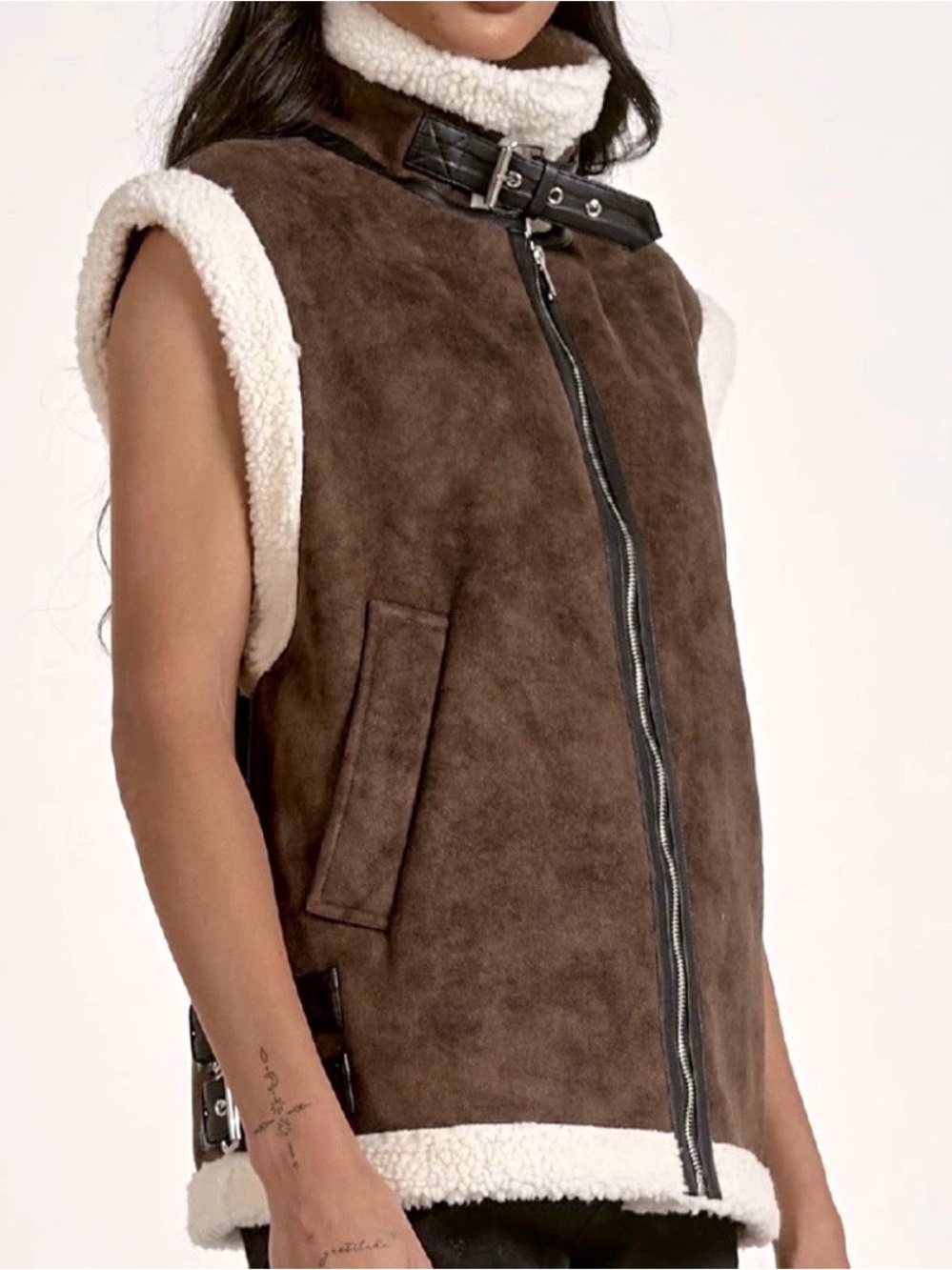 Elan-Brown Sherpa-Lined Sleeveless Moto Vest